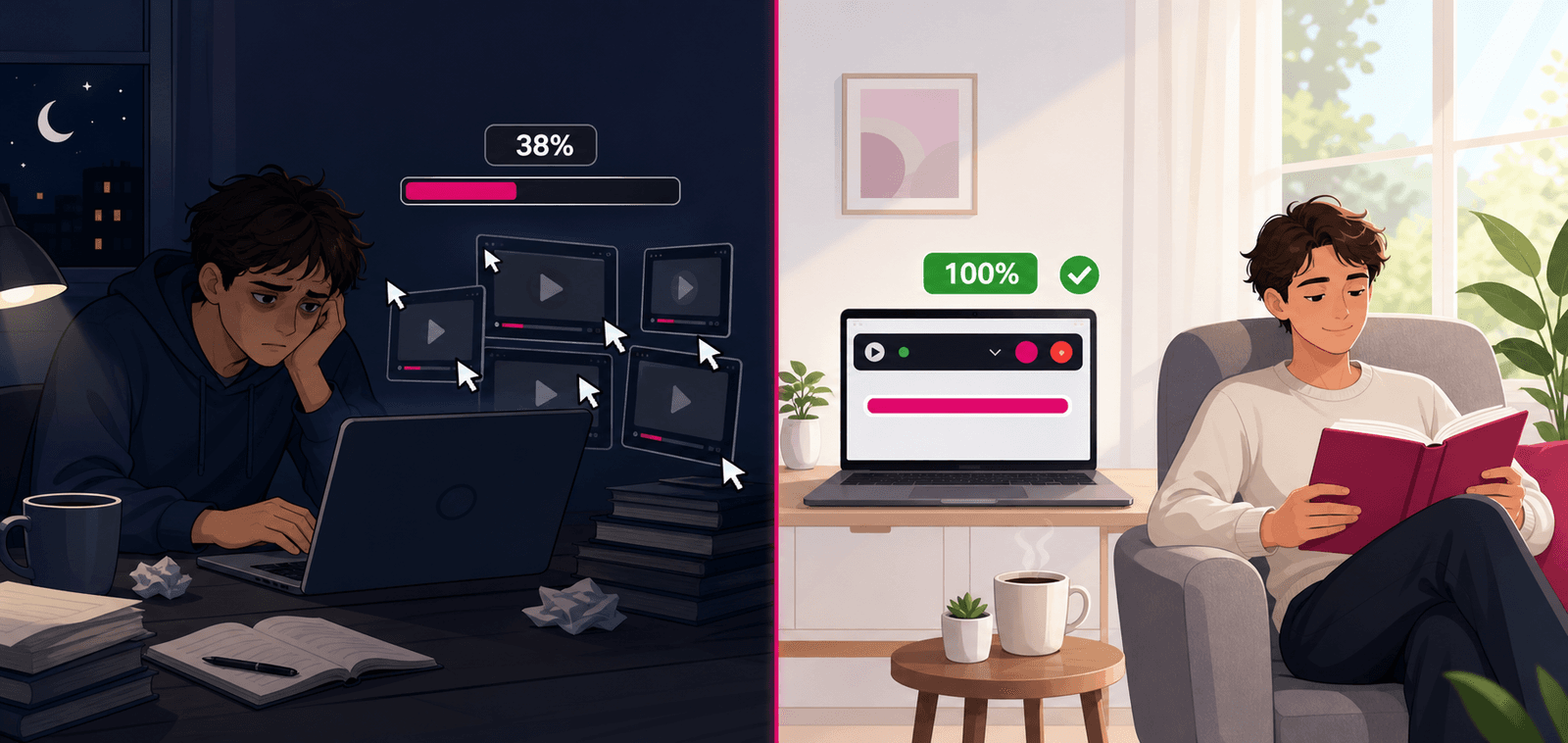 Illustrazione prima e dopo: studente stanco al 38% e studente sereno con corso al 100%
