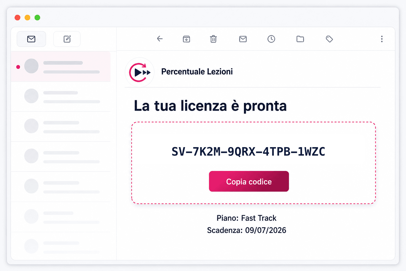 Email con il codice licenza di Percentuale Lezioni